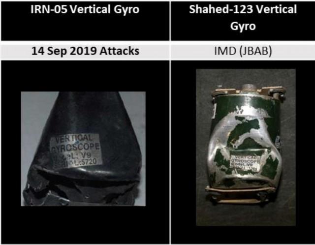 A comparison of vertical gyroscopes (L) involved in the September 14, 2019 attack on an Aramco oil facility in Saudi Arabia and from the Shahed-123, displayed in the Iranian Materiel Display, are shown in this handout image provided by a US government source. US government/Handout via REUTERS