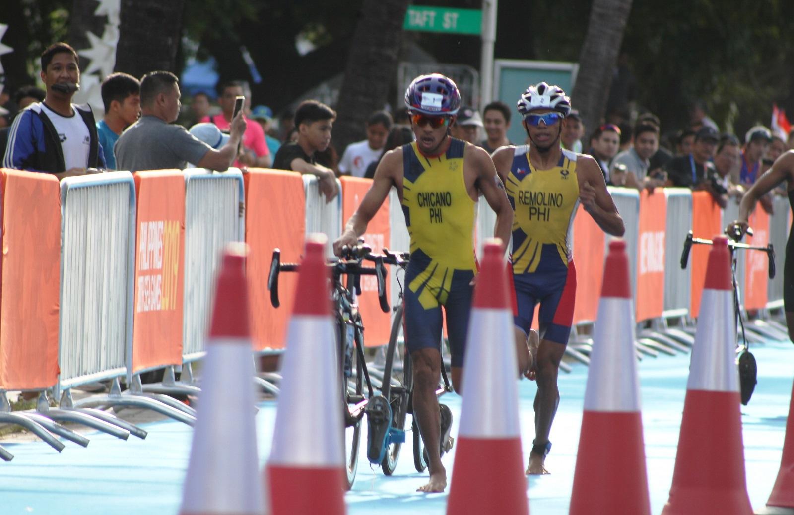John "Rambo" Chicano and Kim Remolino finished first and second, respectively, in the men's triathlon event. 