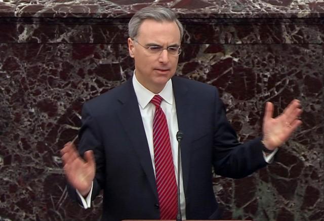 White House counsel Pat Cipollone speaks during opening arguments in the U.S. Senate impeachment trial of US President Donald Trump in this frame grab from video shot in the U.S. Senate Chamber at the U.S. Capitol in Washington, U.S., January 21, 2020. REUTERS/U.S. Senate TV/Handout via Reuters