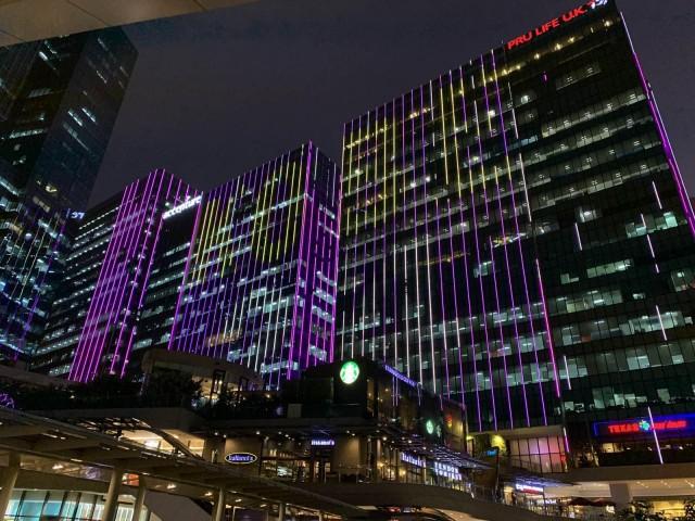 Uptown Bonifacio lights up in purple, with the word KOBE in gold, to honor the late basketball icon. Photo: Megaworld Corporation