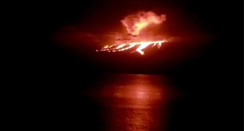 La Cumbre on Fernandina Island in the Galapagos erupts. Screencap from footage taken on January 12, 2020 provided by the Galapagos National Park