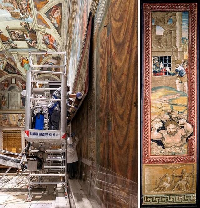 The display is part of celebrations marking the 500th anniversary of Raphael's death. At right is the tapestry "Earthquake." Governatorato SCV Â© Direzione dei Musei/Handout via REUTERS