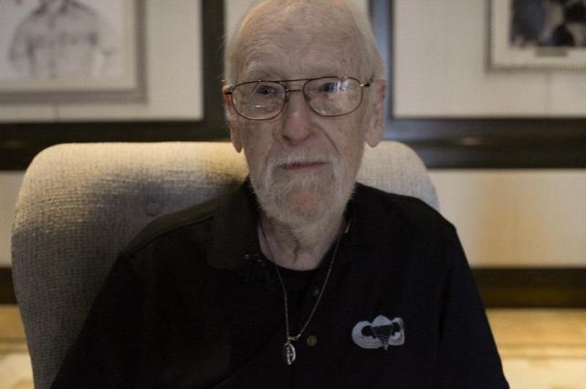 the oldest living paratrooper from World War II, Richard Adams, meets the press with his mother's medallion pinned unto his shirt. Photo: Jessica Bartolome/GMA News