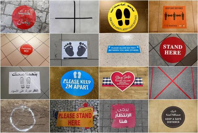A combination picture shows a variety of markers used to set out social distancing in multiple cities around the world as governments try to control the spread of the coronavirus disease (COVID-19). REUTERS