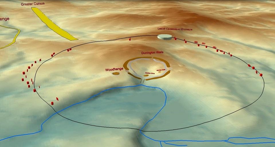 Animation picture created in May 2020 shows the location of wide circle of pits surrounding an ancient settlement near Stonehenge, in Durrington, Wiltshire, Britain. University Of Bradford/Handout via REUTERS