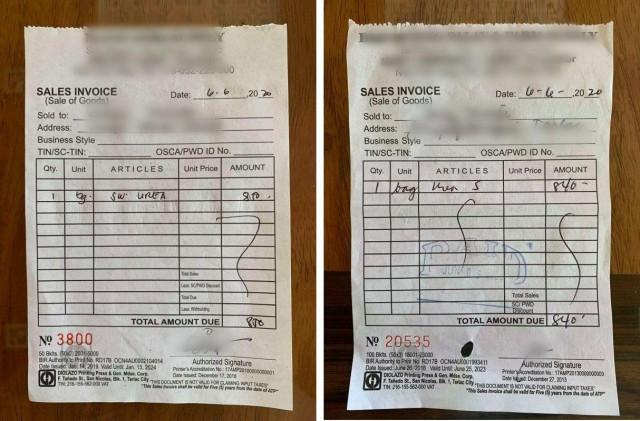 SINAG provided several receipts showing that farmers were able to purchase the fertilizer at P830 to :850 per bag, while the DA purchased them for over P1,000 per bag. Photos: SINAG