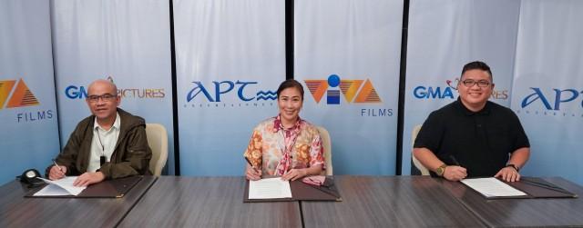 (L-R) Viva Communications Inc President and COO Vincent Del Rosario, GMA Films, Inc. President and Programming Consultant to the Chairman and CEO Atty. Annette Gozon-Valdes and APT Entertainment Inc. CEO and President Mike Tuviera.jpg