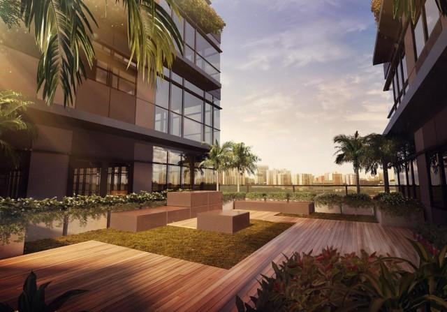 A landscaped Sky Deck offers building occupant fantastic views and offers places for convergence in the midst of native and endemic vegetation. (Artist&acirc;s Perspective)