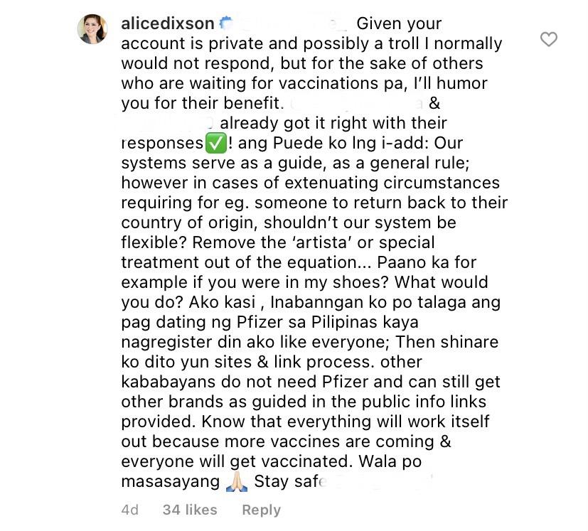 Alice Dixson replies to a commenter (username redacted) in her Instagram post