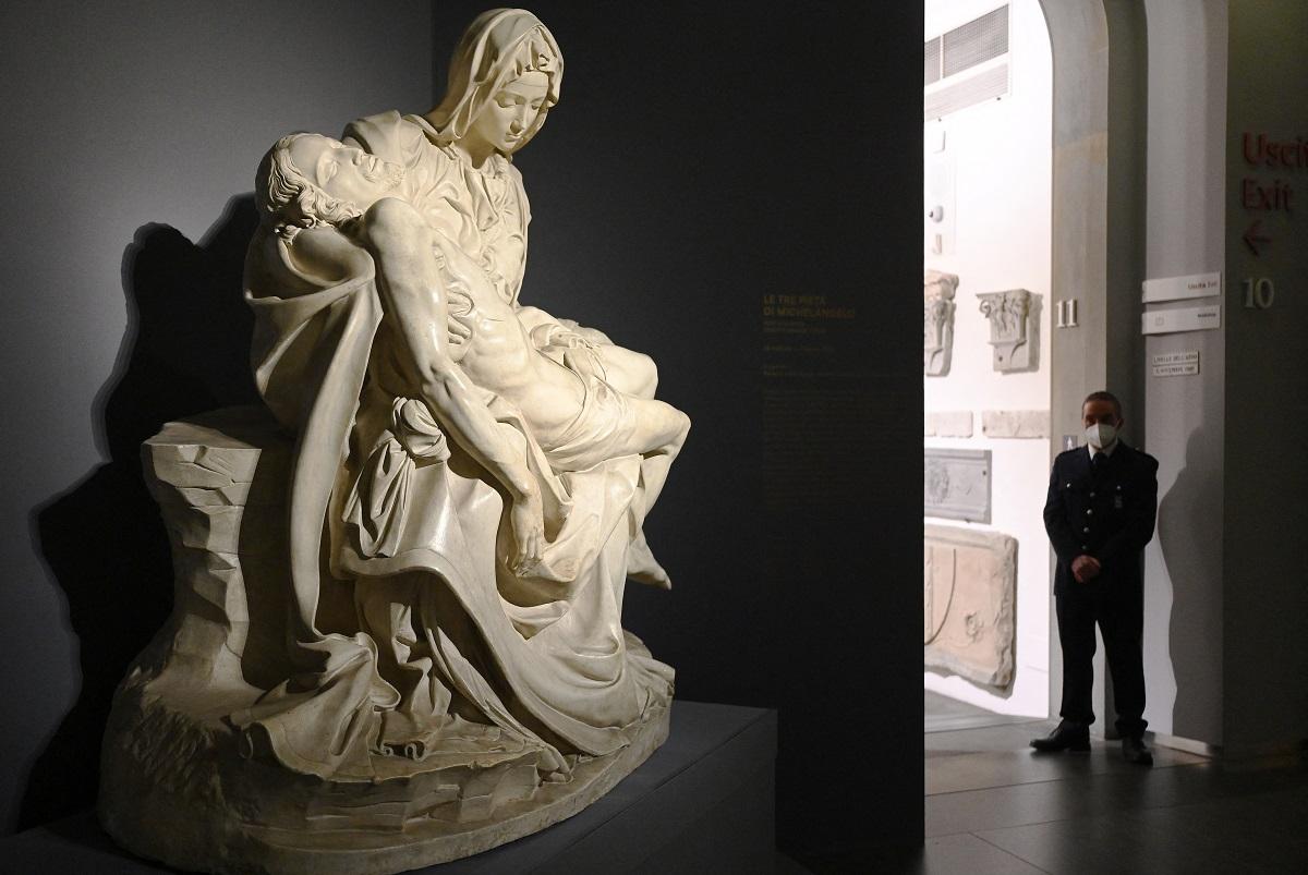 Michelangelo's cast of the Vatican Pieta is seen during an exhibition preview at the Cathedral Museum in Florence on February 23, 2022. Vincenzo Pinto/ AFP