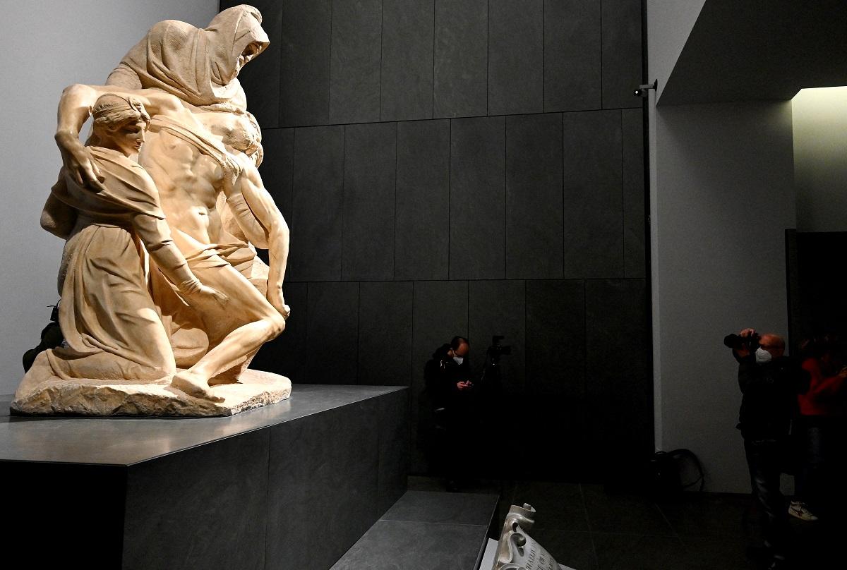 Michelangelo's Pieta called "Bandini" is seen during an exhibition preview at the Cathedral Museum in Florence on February 23, 2022. Vincenzo Pinto/ AFP