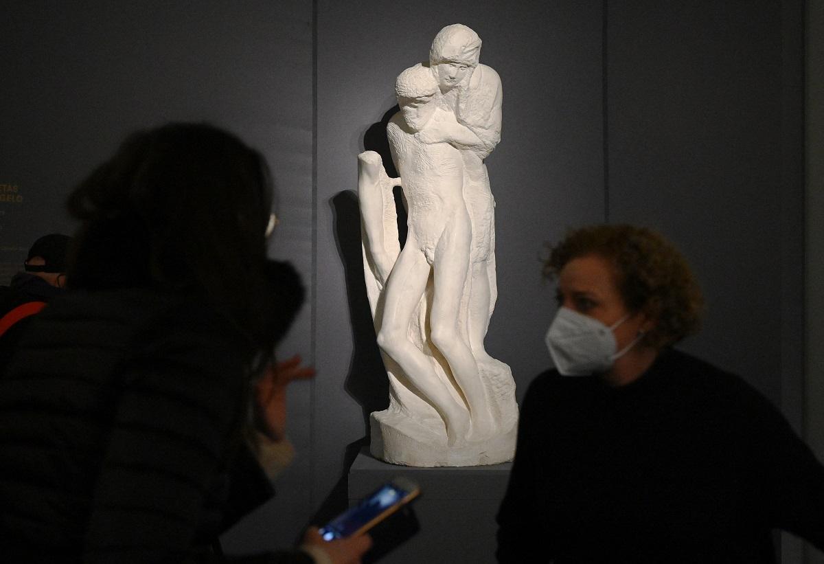 Michelangelo's cast of so-called "Rondanini" Pieta is seen during an exhibition preview at the Cathedral Museum in Florence on February 23, 2022. Vincenzo Pinto/ AFP