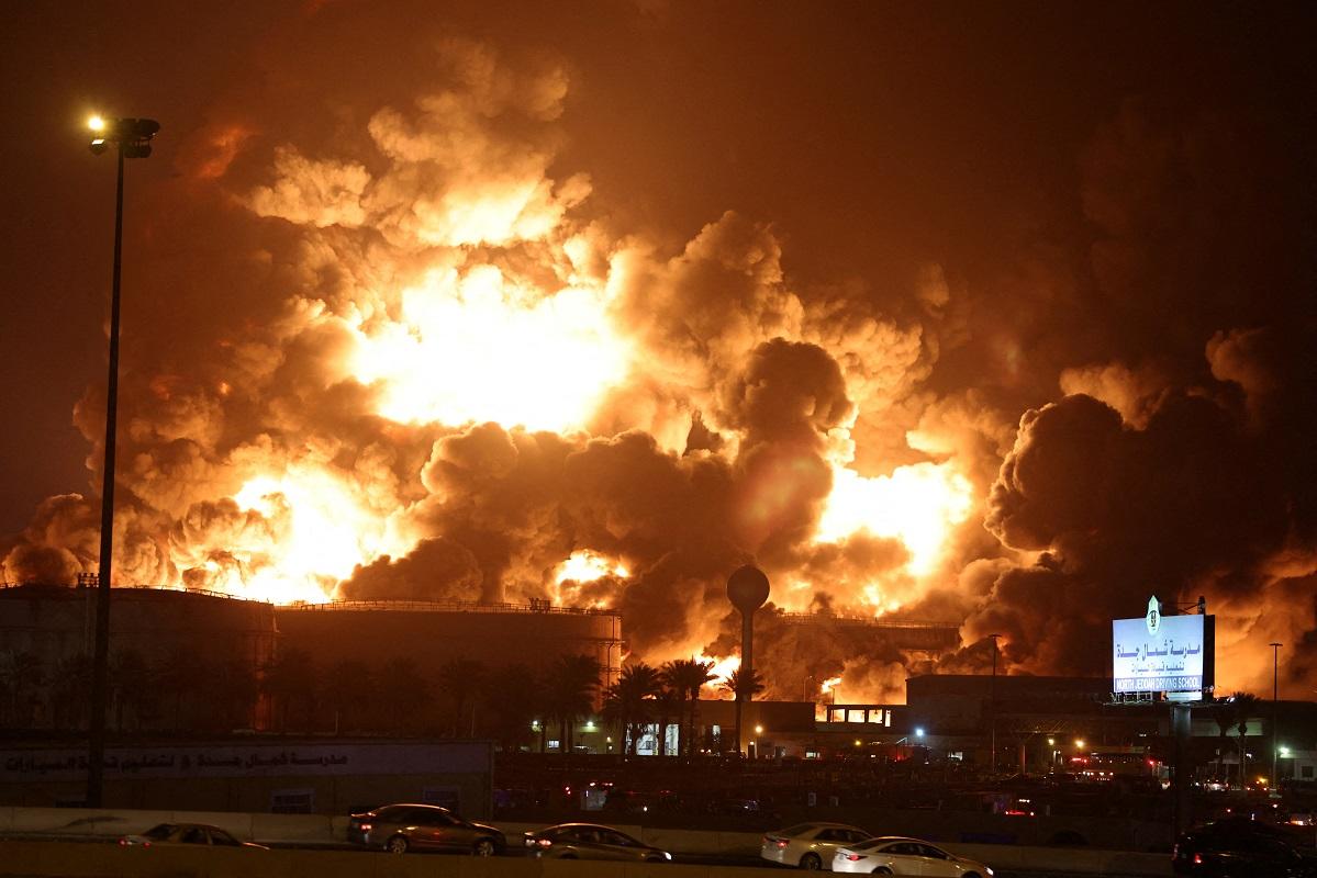 Saudi Aramco storage petroleum facility hit by Houthi attack, causing fire | GMA News Online