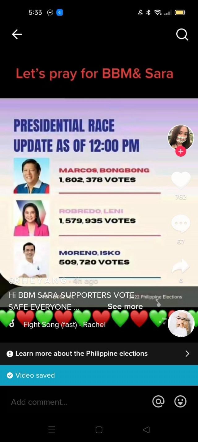 Pro-Marcos Tiktok account were publishing fake election results early on election day, before voting had even closed.