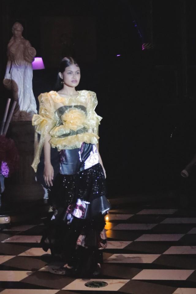 Yellow ruffled tulle and floral printed pants by Rafael Gonzalez