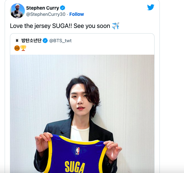 Stephen Curry reacts to BTS member Suga's Golden State Warriors