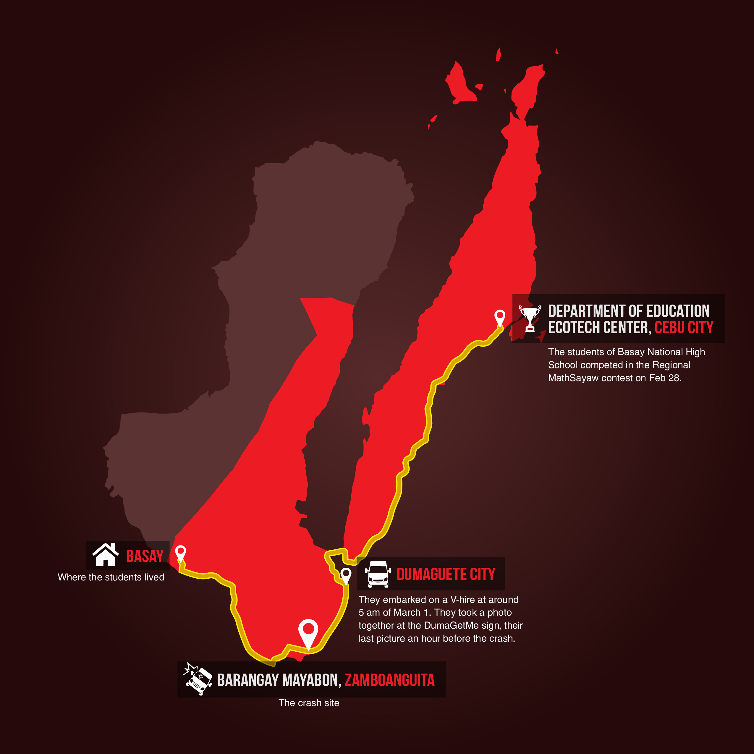 A map showing the journey of the the Basay National High School team involved in the accident.