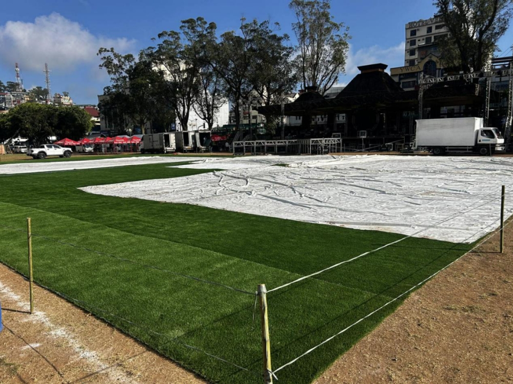 Artificial turf installation at the M. Jones football grounds in Baguio | Photo: Sendee Salvacio