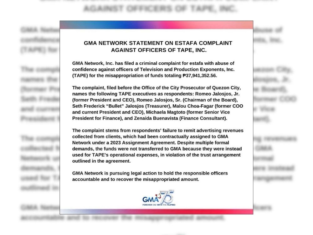 GMA Network Statement on Estafa Complaint Against Officers of TAPE, Inc. | Courtesy: GMA Network