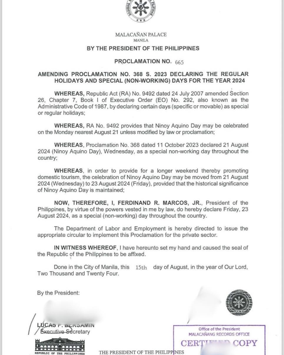 Ninoy Aquino Day observance moved to August 23, 2024