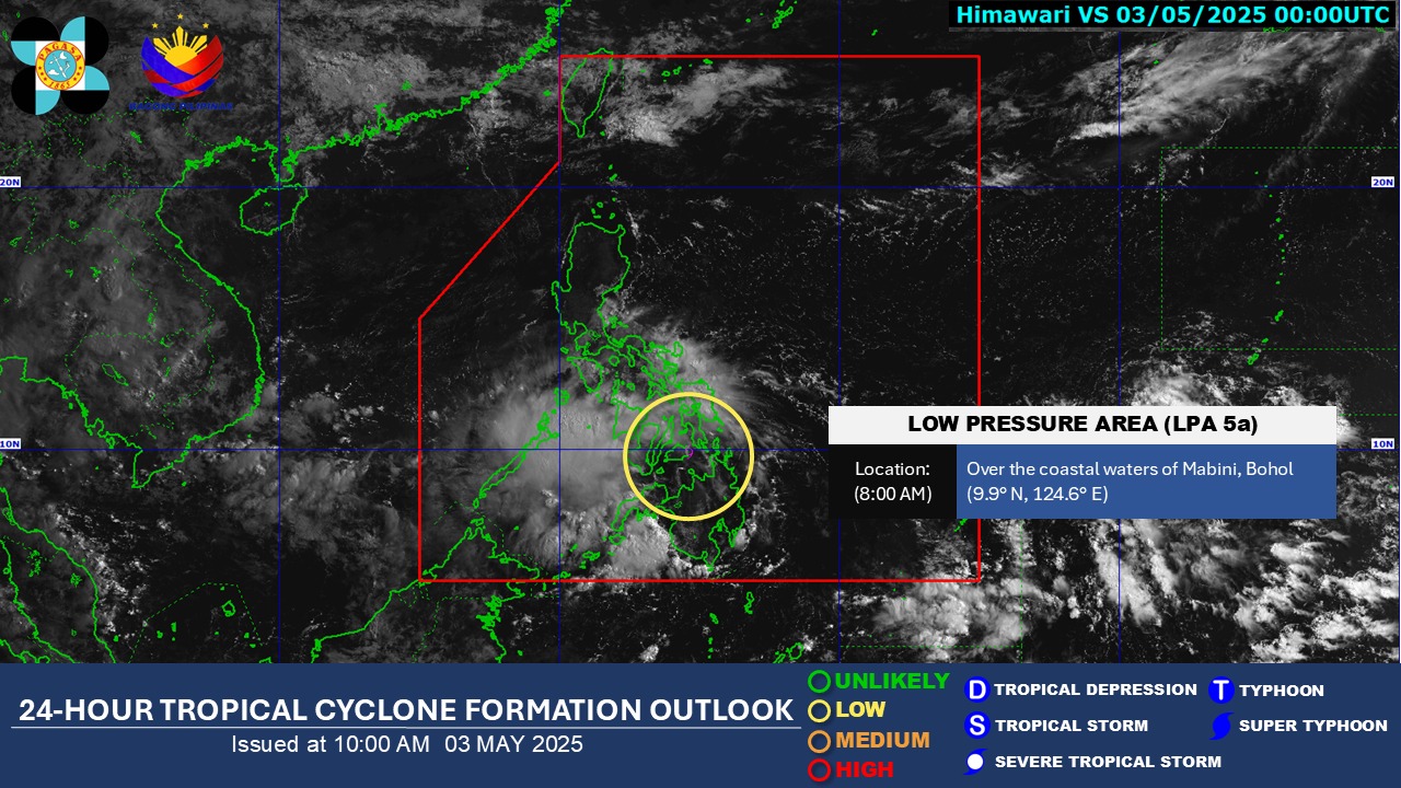 LPA spotted over coastal waters of Mabini, Bohol