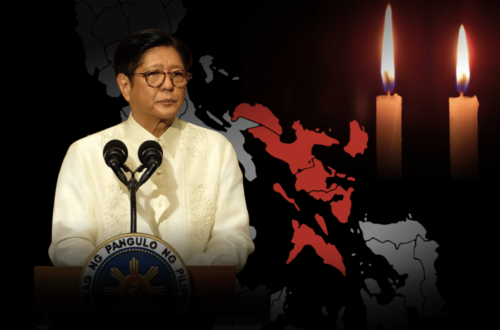 Composite image of PBBM's 2025 SONA, highlighted map of Bicol, and two candles