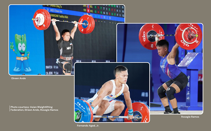 Filipino weightlifters Elreen Ando, Rosegie Ramos, and Fernando Agad, Jr.