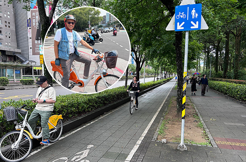 A sidewalk in Taiwan accommodating both cyclists and pedestrians. (INSET) The author on a YouBike.