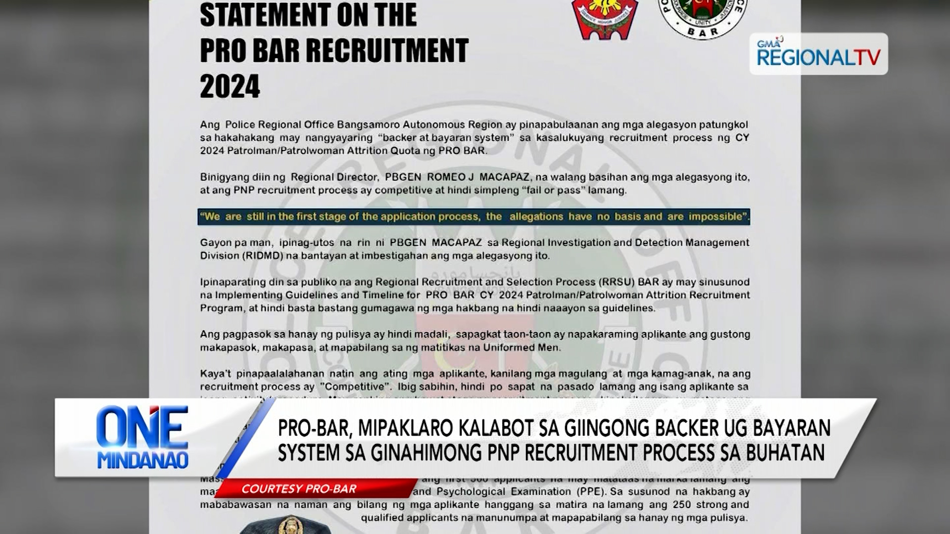 PRO-BAR, mipaklaro kalabot sa giingong bayaran system sa PNP recruitment process