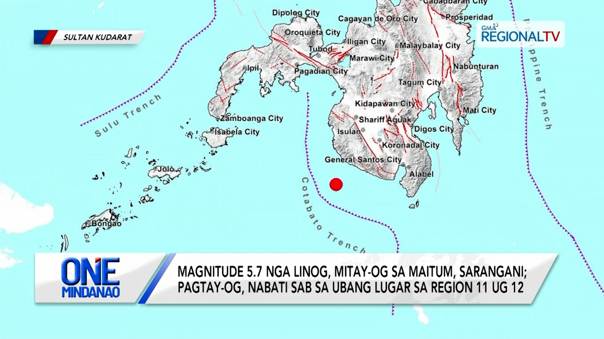 Magnitude 5.7 nga linog, mitay-og sa Maitum, Sarangani
