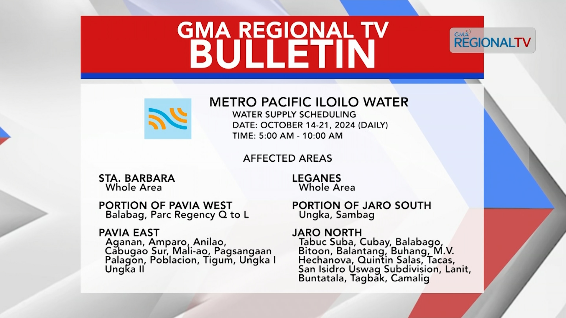 MPIW, magapatuman sang temporaryo nga water delivery schedule sa Lunes, Oct. 14