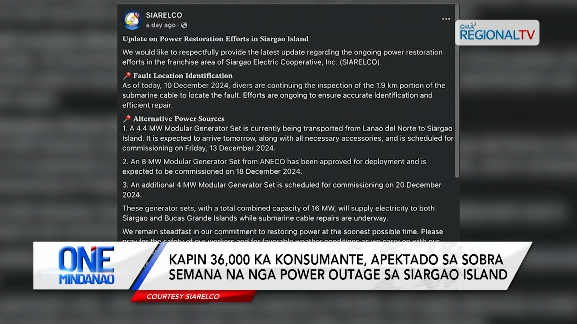 36,000 konsumante, apektado sa sobra semana nga power outage sa Siargao Island