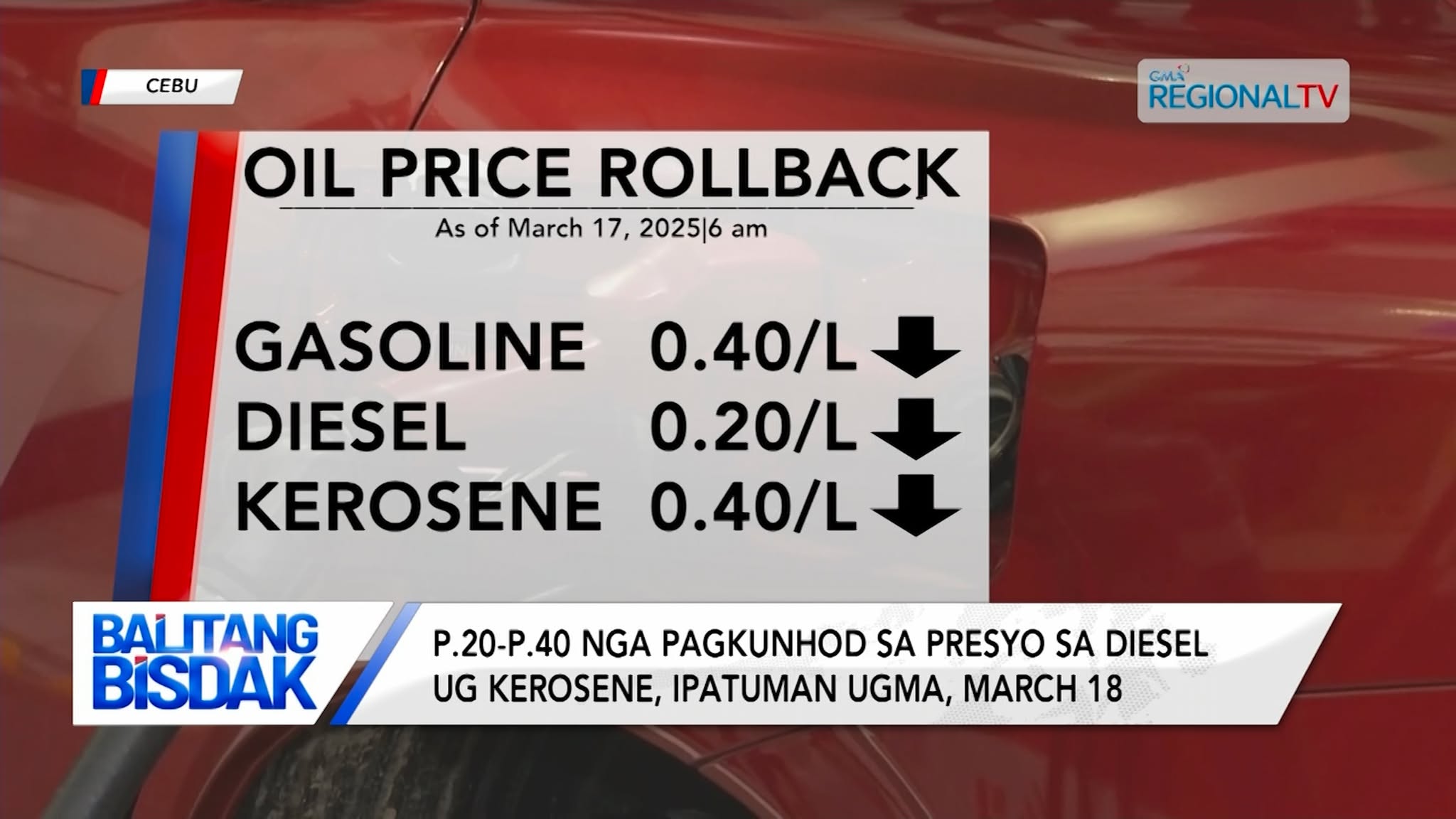 Pagkunhod sa presyo sa diesel ug kerosene, ipatuman ugma, March 18