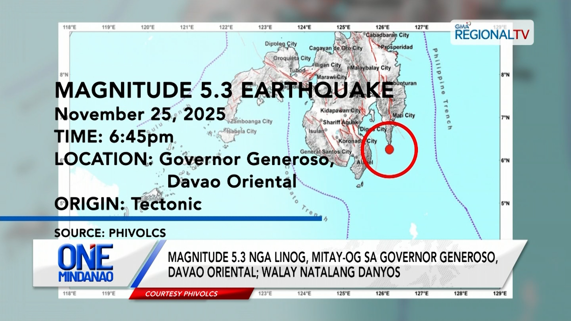 Magnitude 5.3 nga linog, mitay-og sa Gov. Generoso, Davao Oriental | One Mindanao