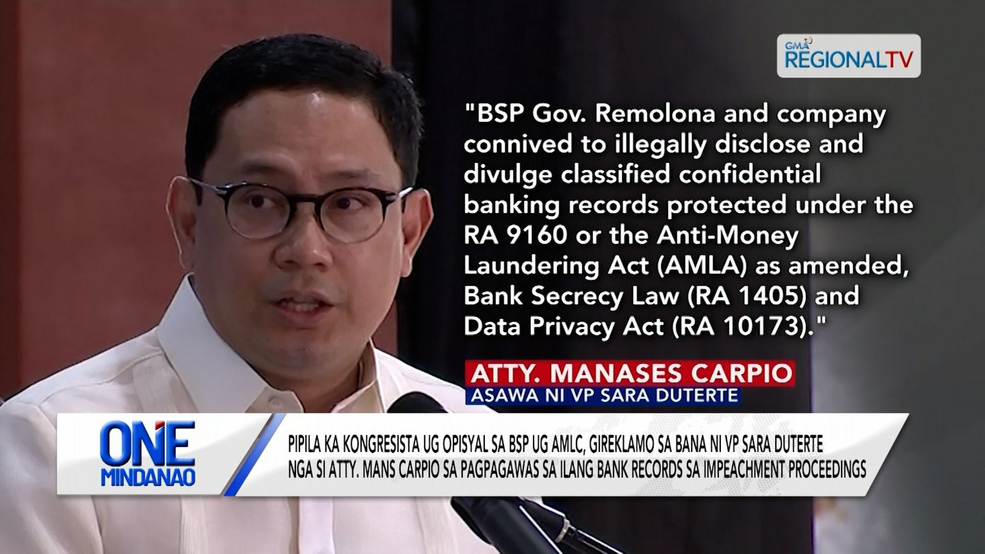 Pipila ka kongresista ug opisyal sa BSP ug AMLC, gireklamo sa bana ni VP Sara Duterte I One Mindanao