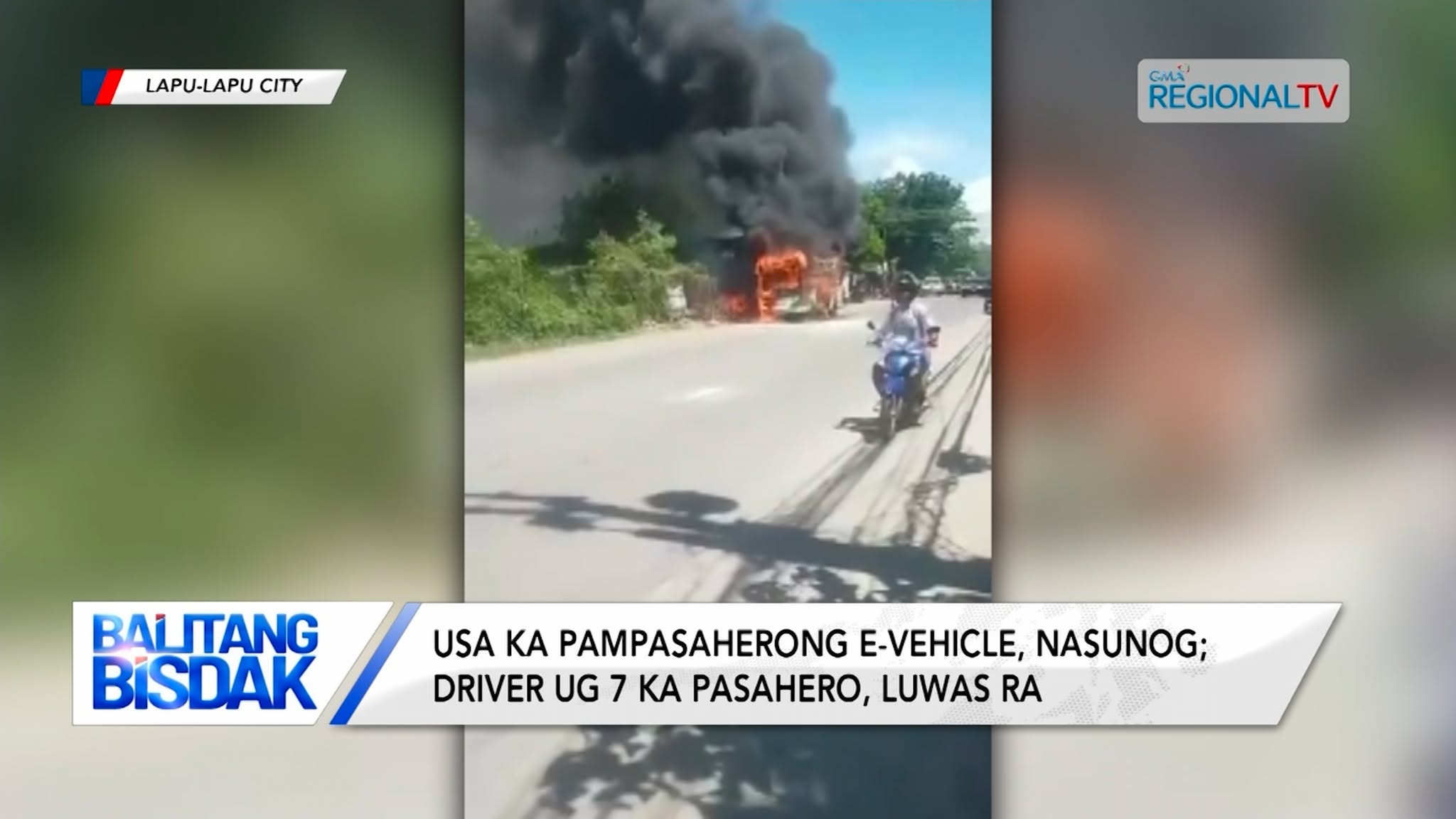 Pampasaherong e-vehicle, nasunog; driver ug 7 ka pasahero, luwas ra