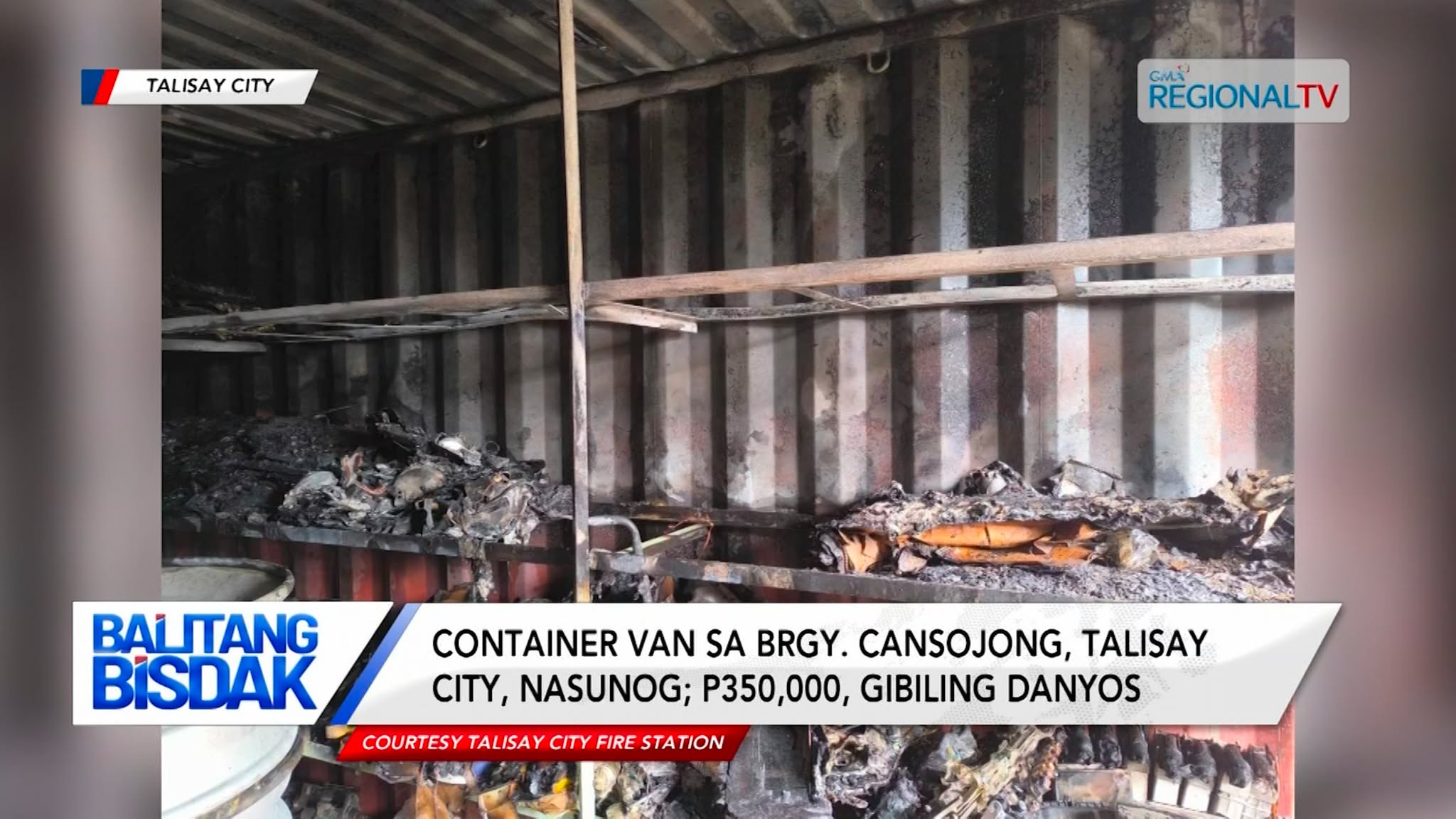 Container van sa Brgy. Cansojong, Talisay City, nasunog; P350,000, gibiling danyos