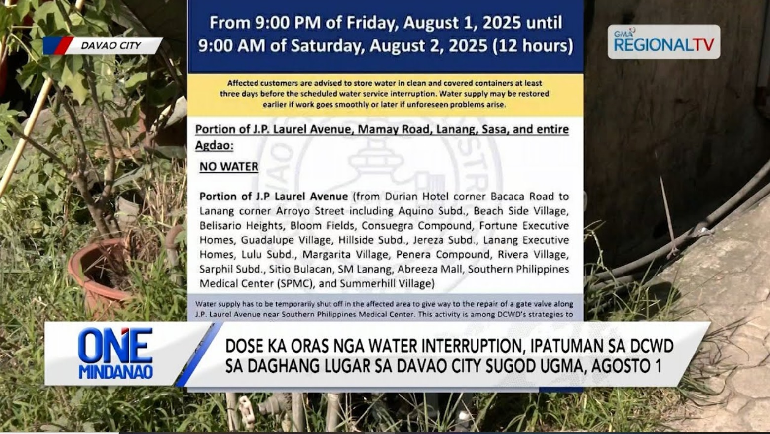 Dose ka oras nga water interruption, ipatuman sa DCWD sa Davao City| One Mindanao