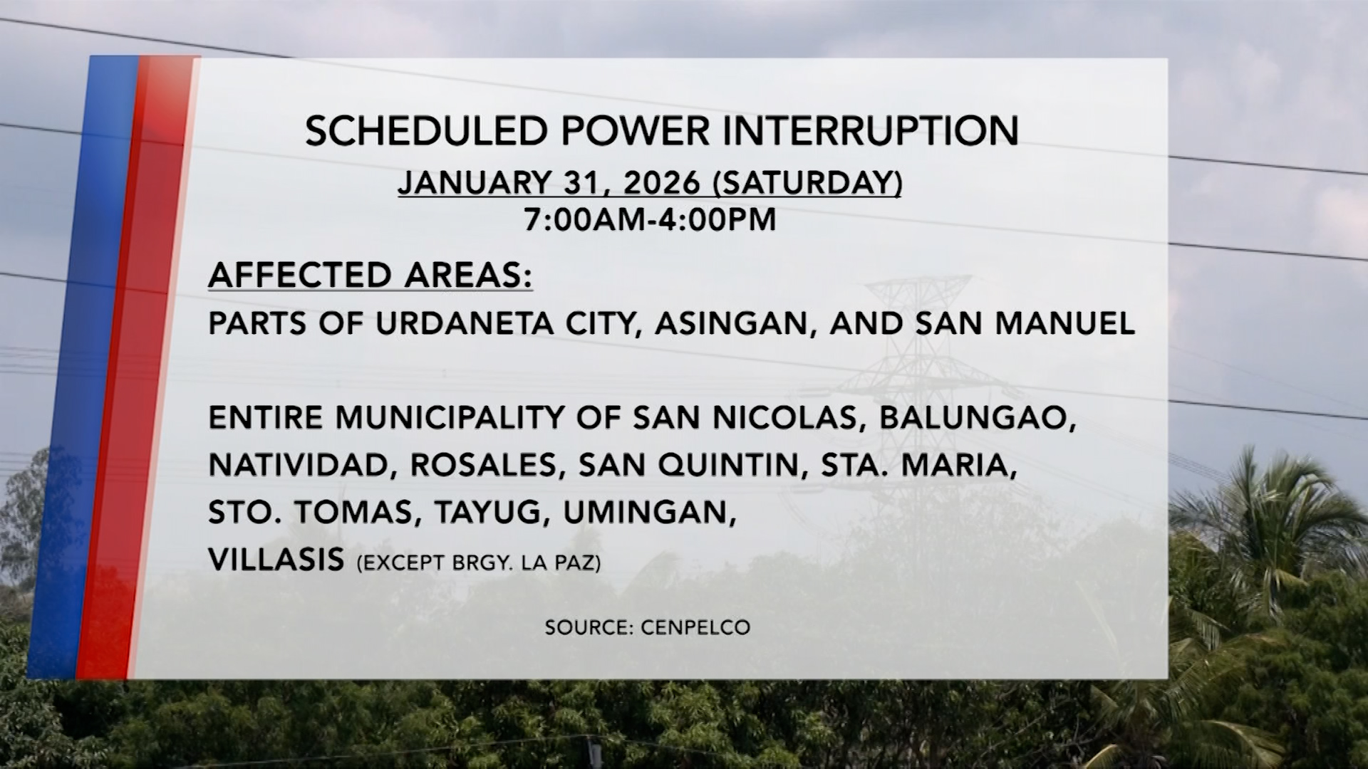 Siyam na oras na power interruption, mararanasan sa Sabado, January 31 | One North Central Luzon
