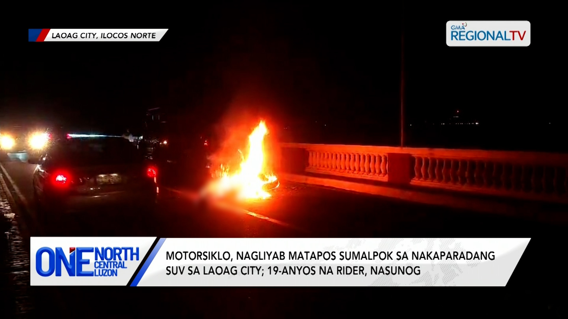 Motorsiklo, nagliyab matapos sumalpok sa nakaparadang SUV sa Laoag City | One North Central Luzon