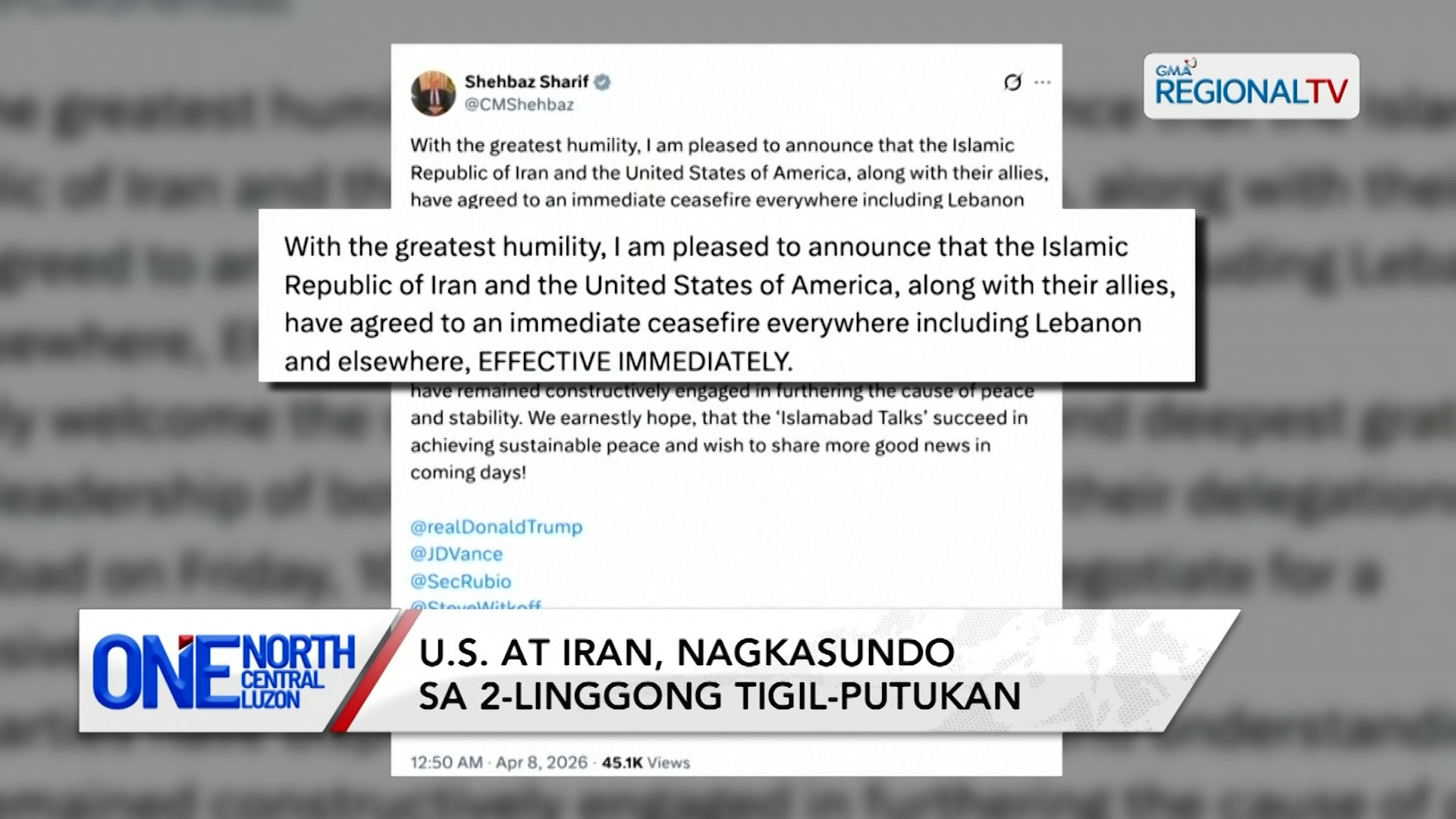 U.S. at Iran, nagkasundo sa 2-linggong tigil-putukan | One North Central Luzon