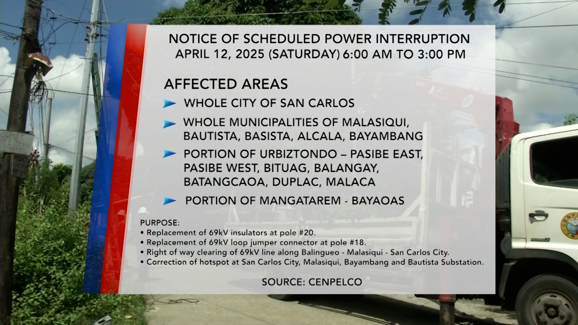 Ilang bayan sa Pangasinan, apektado ng 9-oras na power interruption bukas
