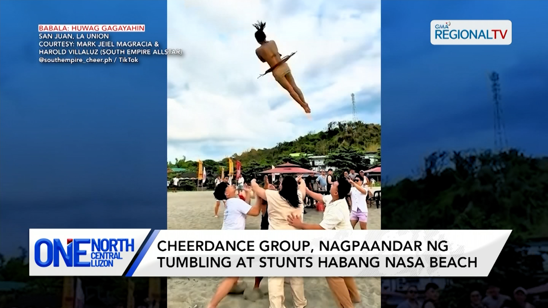 Cheerdance group, nagpaandar ng tumbling at stunts habang nasa beach