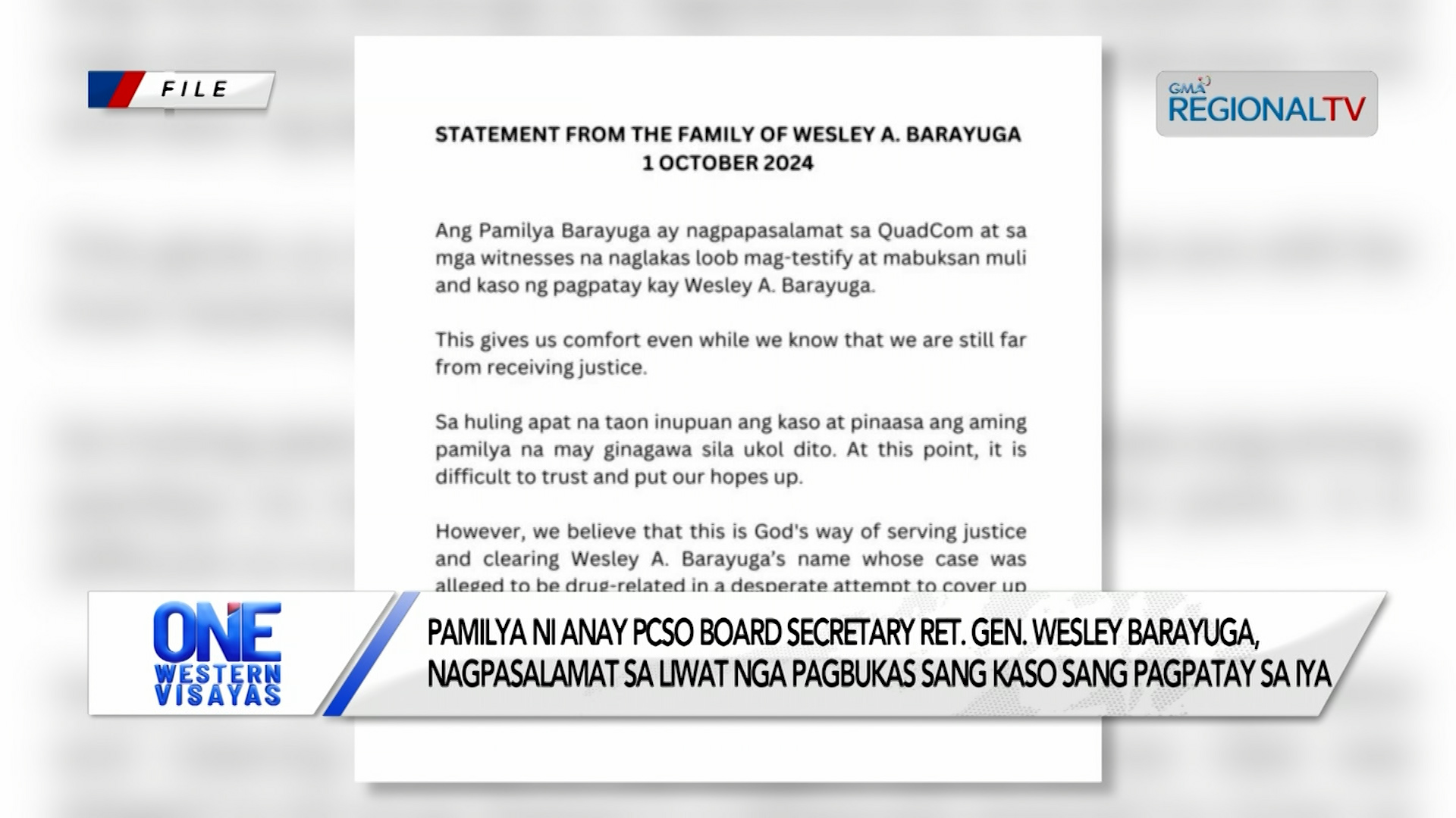 Pamilya ni Ret. Gen. Wesley Barayuga, nagpasalamat sa pagbukas liwat sang kaso