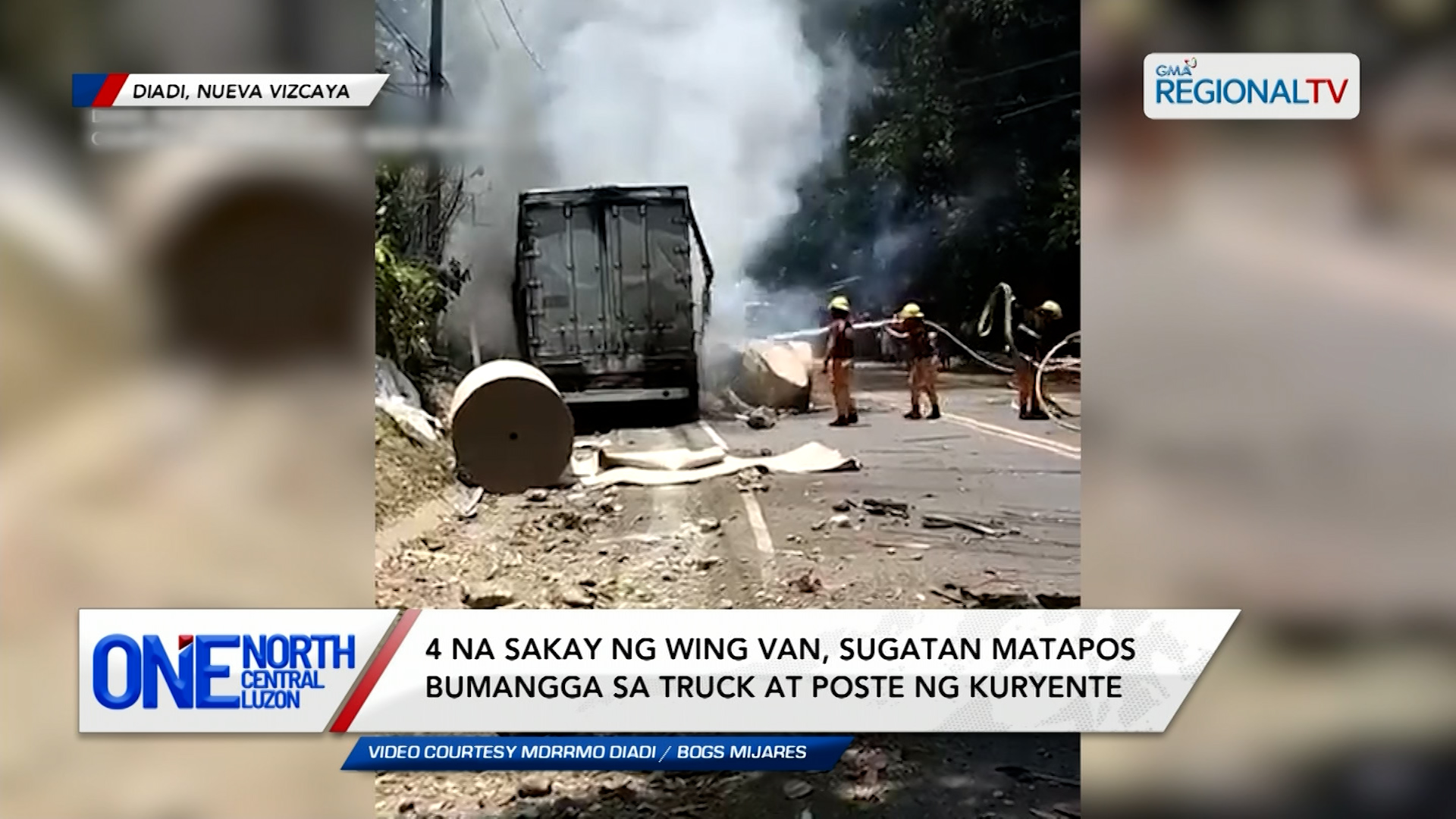 4 na sakay ng wing van, sugatan matapos bumangga sa truck at poste | One North Central Luzon