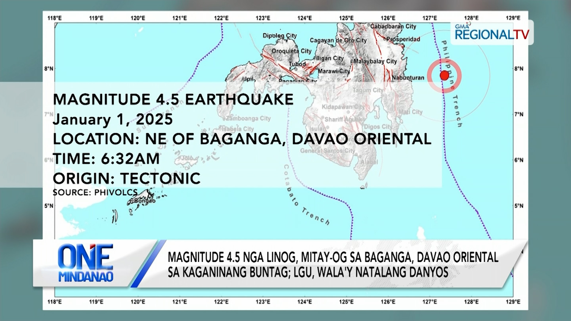 Magnitude 4.5 nga linog, mitay-og sa Baganga, Davao Oriental kaganinang buntag