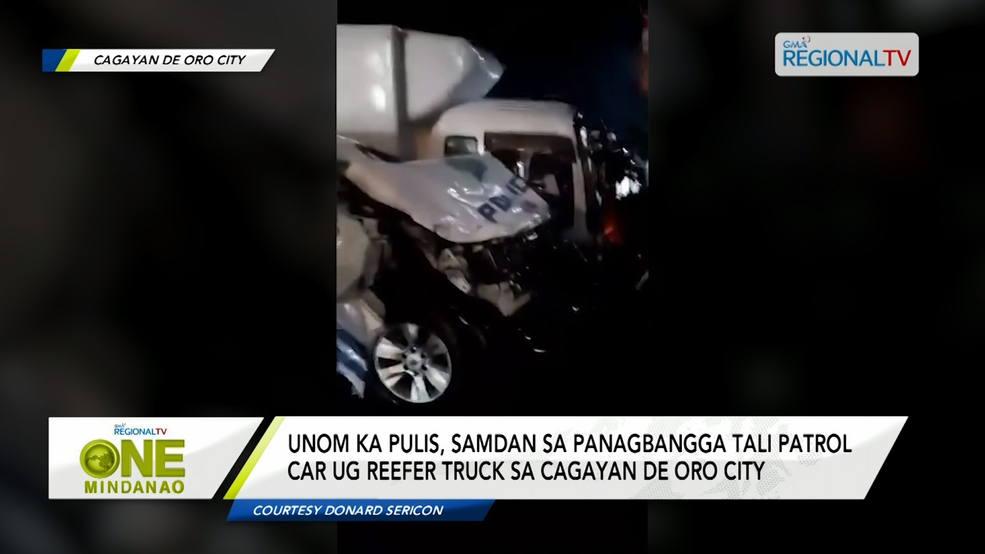 Unom ka pulis, samdan sa panagbangga tali patrol car ug reefer truck