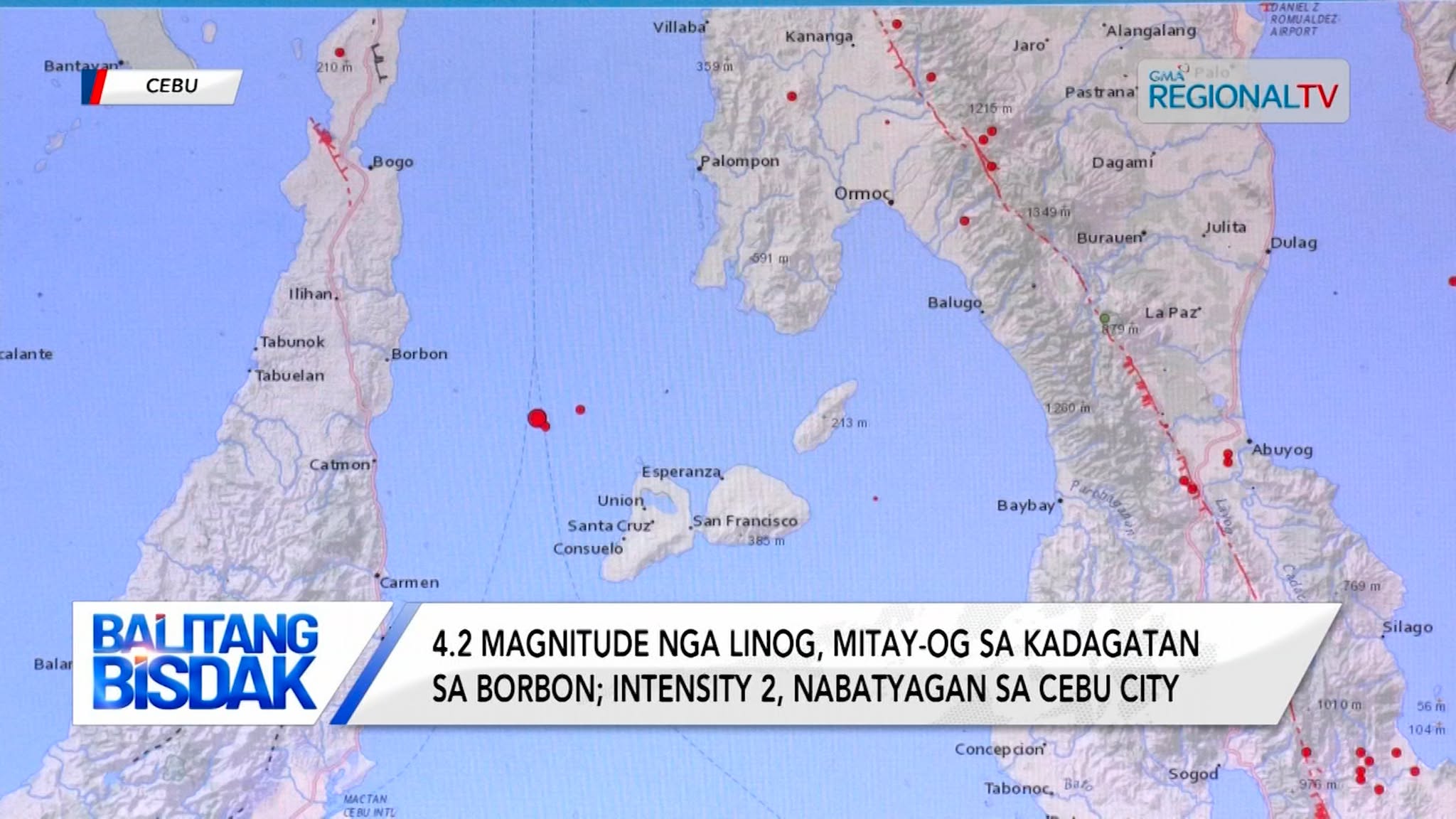 4.2 magnitude nga linog, mitay-og sa kadagatan sa Borbon, Cebu