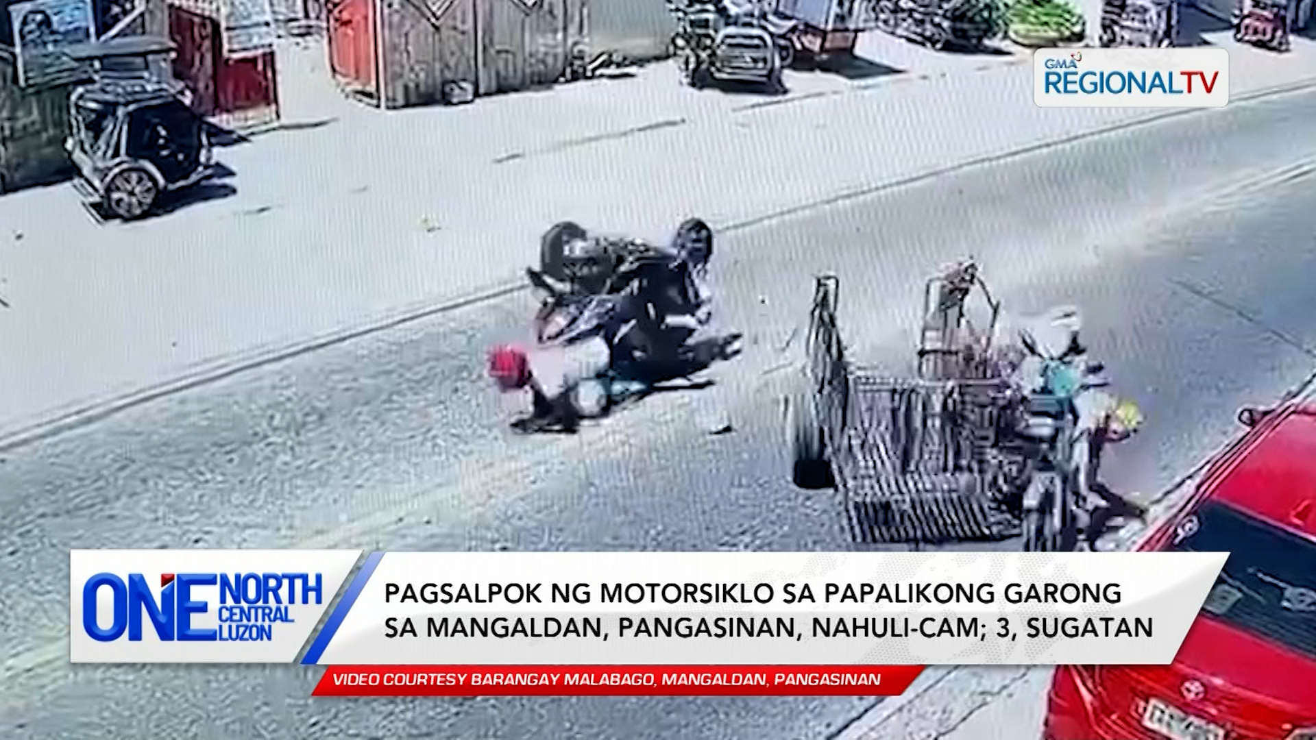 Pagsalpok ng motorsiklo sa papalikong garong, nahuli-cam; 3, sugatan