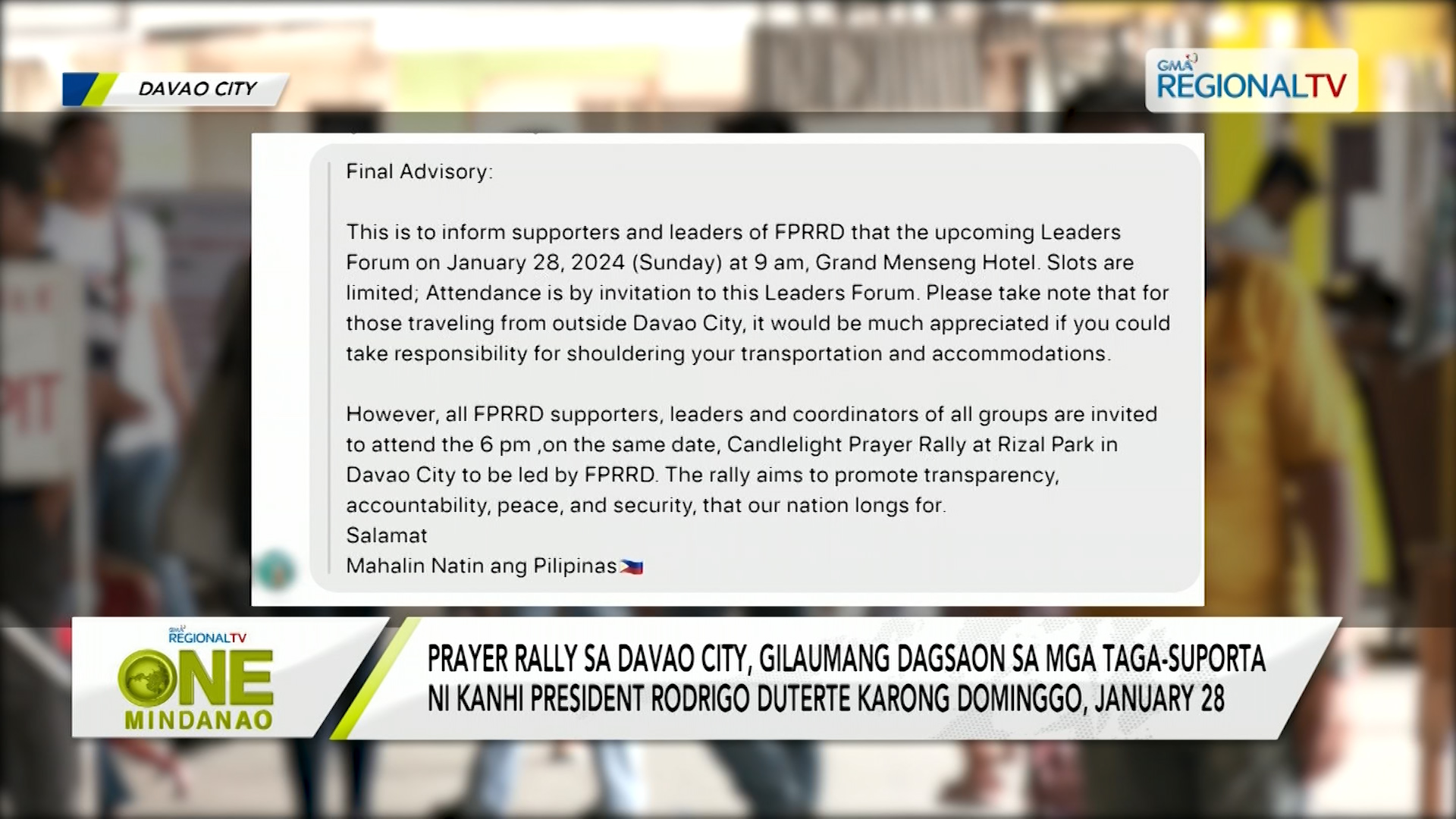 Prayer rally sa Davao City, gilaumang dagsaon sa mga taga-suporta ni FPRRD